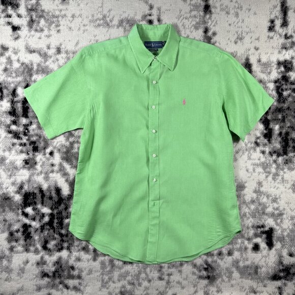 Polo Ralph Lauren Shirt Mens Size Large Green Button Down 100% Linen Preppy - Picture 1 of 15